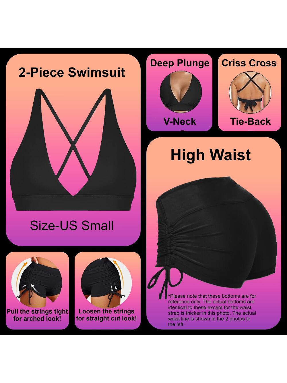 Ladies Black 2 Piece Cross Back Halter Top Boyshorts Swimsuit Size Small